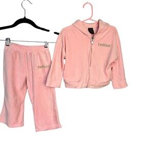 bebe Sport Tracksuit Set Baby Girl 24M Pink Velour Zip Hoodie & Pants Logo